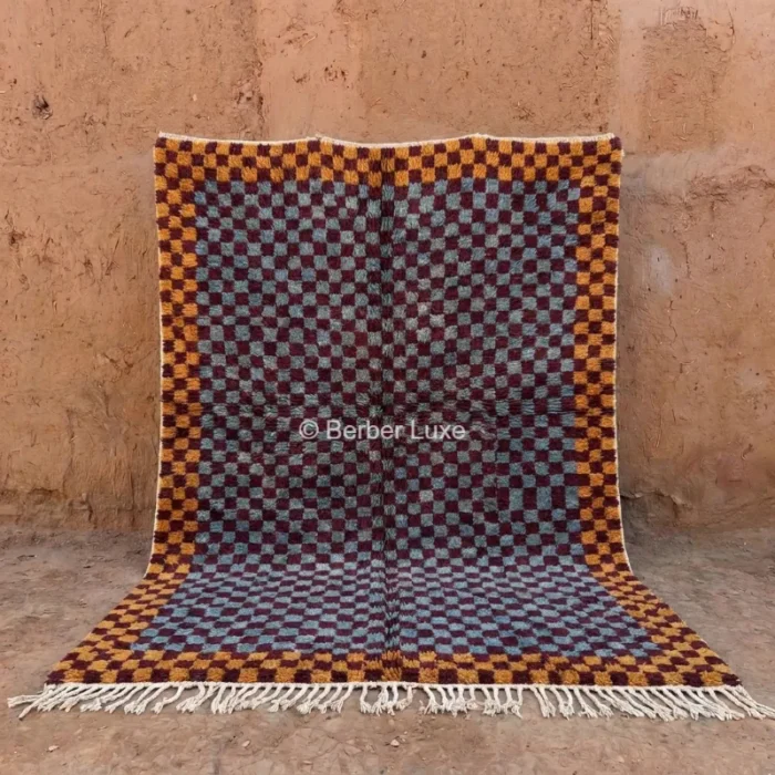 Checkered Moroccan Area Rug Handmade Wool Carpet, Colorful Berber Plaid Design