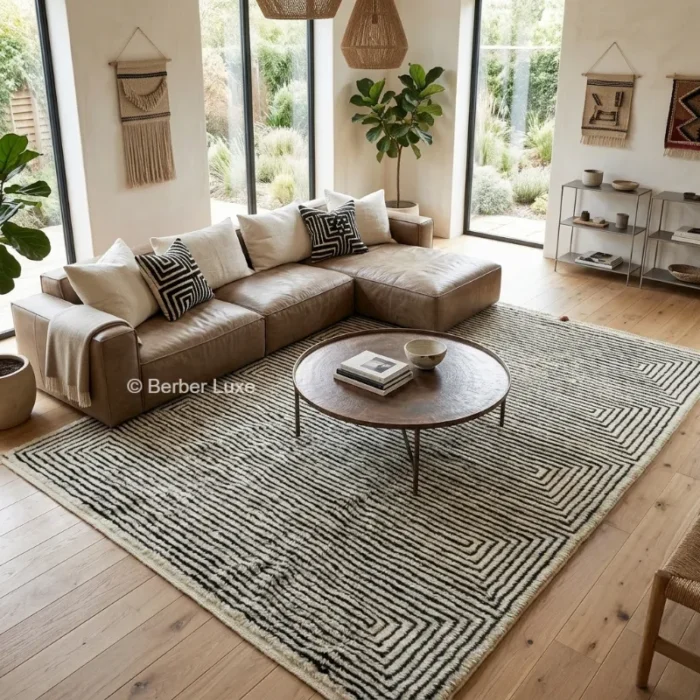 Handmade Moroccan Area Rug, Black and White Beni Mrirt Carpet, Large Living Room Rug,