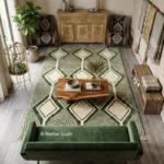 Green Rug, Moroccan Beni Ourain Carpet, Handmade Wool Tufted Diamond Floor Mat, Modern Sage & Forest Decor, Bohemian Living Room Art