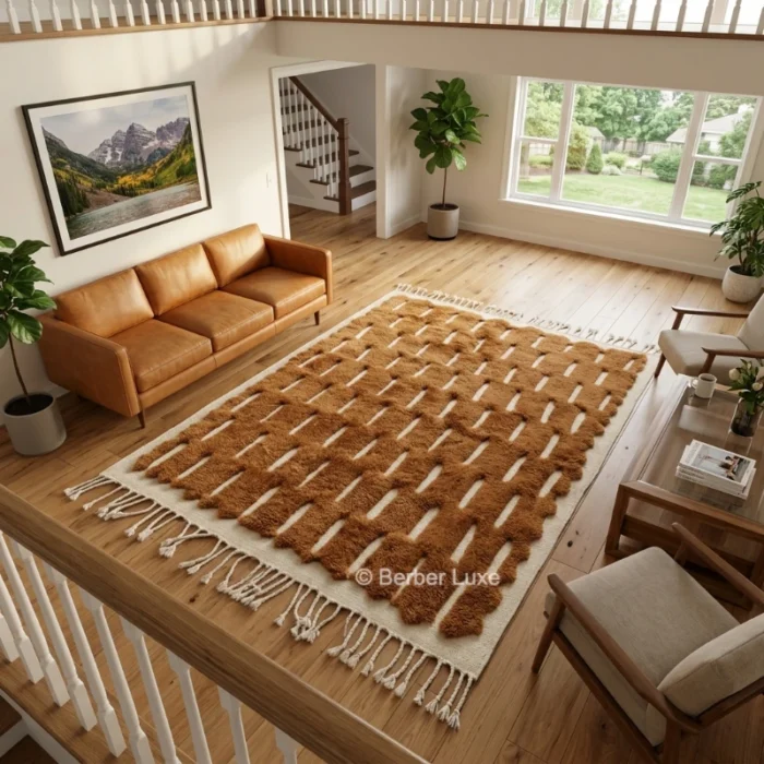 Beni Ourain Wool Rug, Brown Cream Geometric Moroccan Area Rug