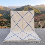 Moroccan Rug, Cream Blue Geometric Area Rug with Fringed Edges