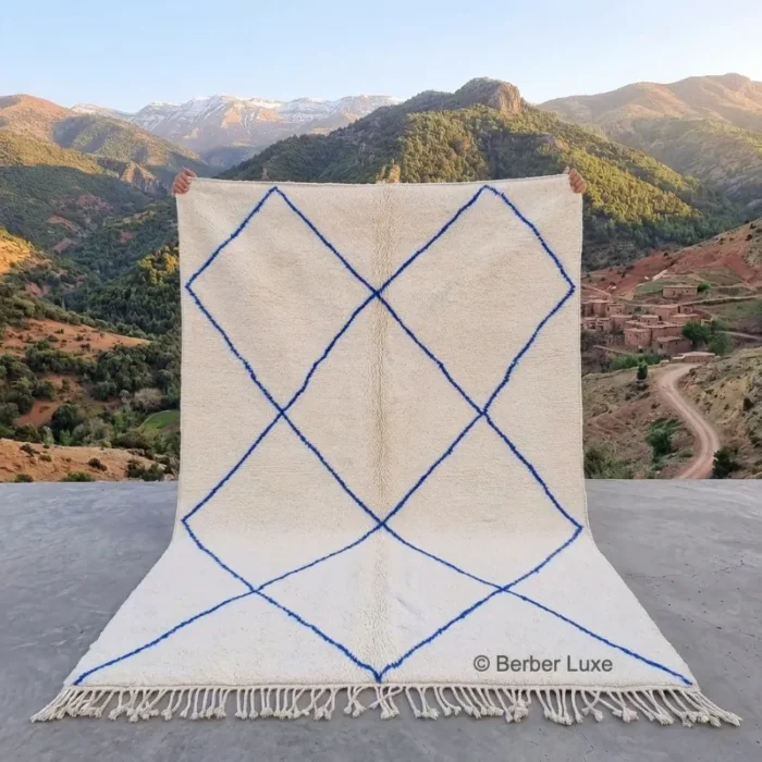 Moroccan Rug, Cream Blue Geometric Area Rug with Fringed Edges