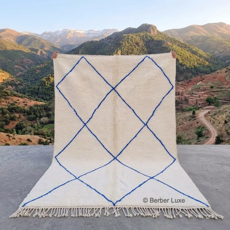 Moroccan Rug, Cream Blue Geometric Area Rug with Fringed Edges