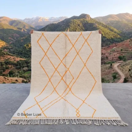 Moroccan Rug, Cream Orange Geometric Area Rug with Fringed Edges