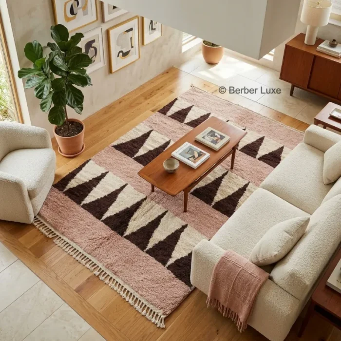 Beni Ourain Geometric Area Rug, Pink Cream Brown Moroccan Rug