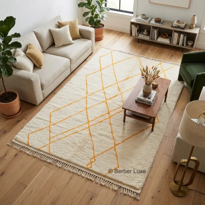 Moroccan Rug, Cream Orange Geometric Area Rug with Fringed Edges