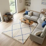 Moroccan Rug, Cream Blue Geometric Area Rug with Fringed Edges