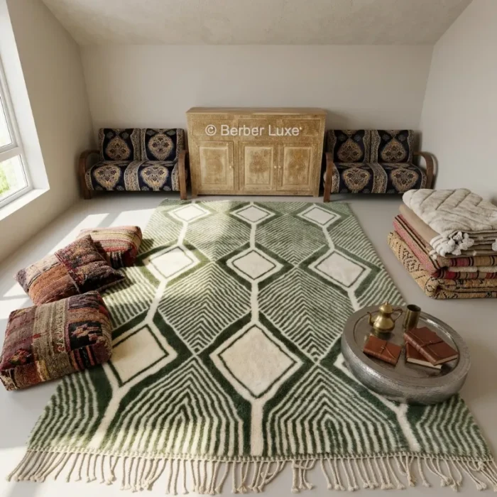 Green Rug, Moroccan Beni Ourain Carpet, Handmade Wool Tufted Diamond Floor Mat, Modern Sage & Forest Decor, Bohemian Living Room Art