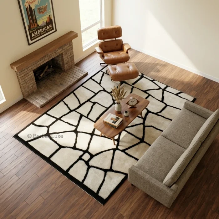 Beni Ourain Wool Rug, Cream Black Geometric Moroccan Area Rug