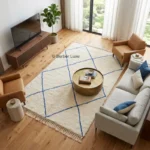 Moroccan Rug, Cream Blue Geometric Area Rug with Fringed Edges