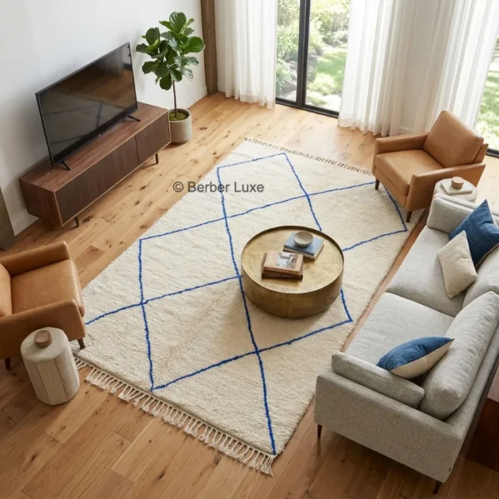 Moroccan Rug, Cream Blue Geometric Area Rug with Fringed Edges