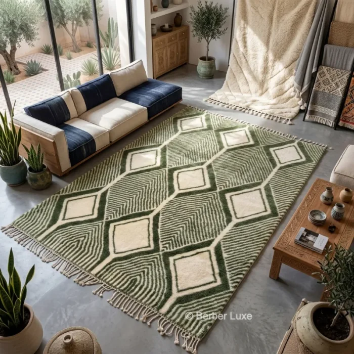 Green Rug, Moroccan Beni Ourain Carpet, Handmade Wool Tufted Diamond Floor Mat, Modern Sage & Forest Decor, Bohemian Living Room Art