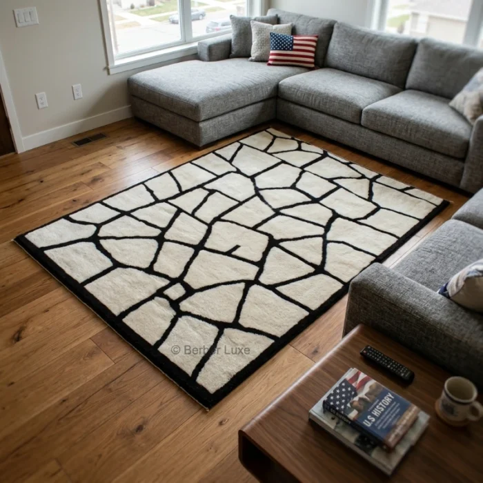 Beni Ourain Wool Rug, Cream Black Geometric Moroccan Area Rug
