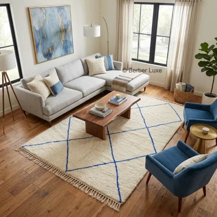 Moroccan Rug, Cream Blue Geometric Area Rug with Fringed Edges