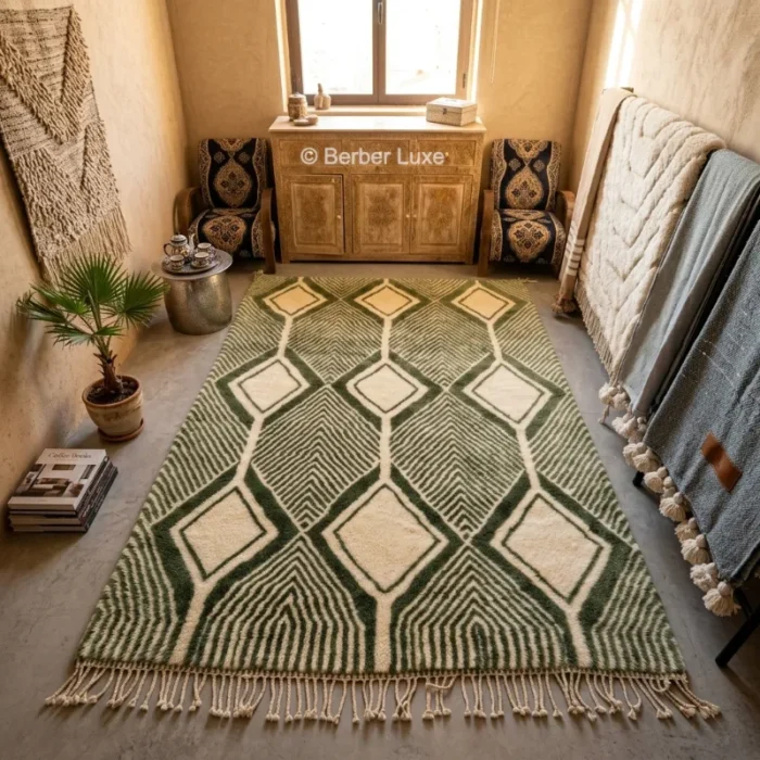 Green Rug, Moroccan Beni Ourain Carpet, Handmade Wool Tufted Diamond Floor Mat, Modern Sage & Forest Decor, Bohemian Living Room Art