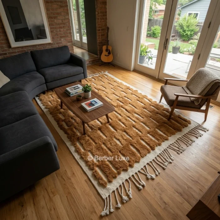 Beni Ourain Wool Rug, Brown Cream Geometric Moroccan Area Rug - Image 5