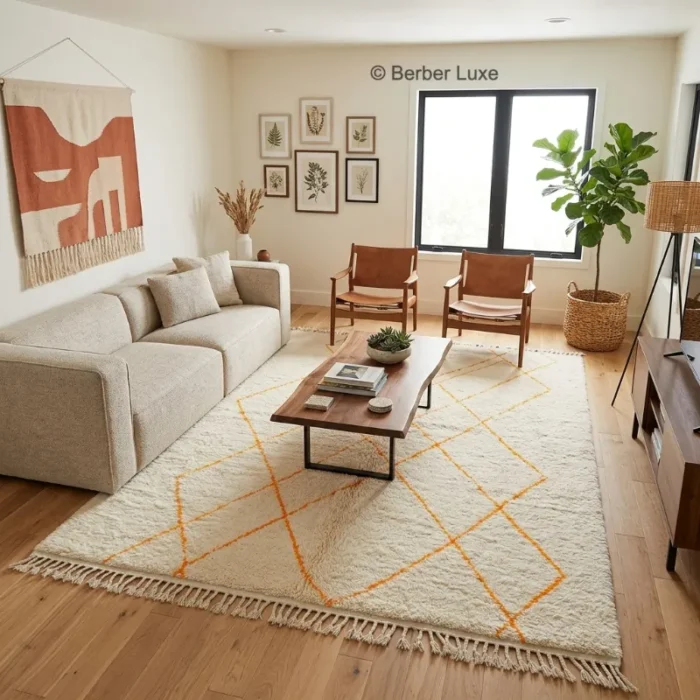 Moroccan Rug, Cream Orange Geometric Area Rug with Fringed Edges