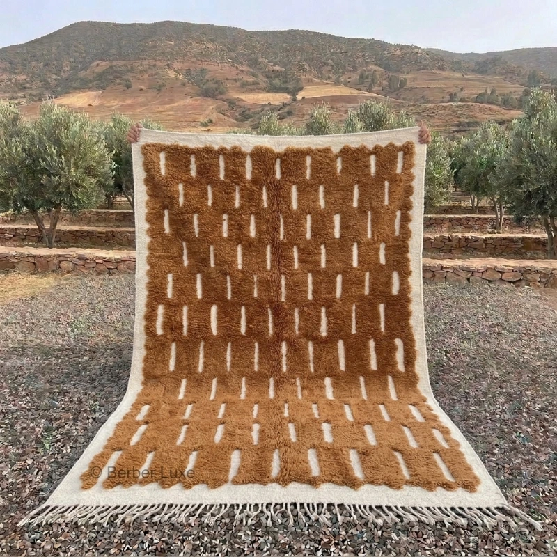 Beni Ourain Wool Rug, Brown Cream Geometric Moroccan Area Rug
