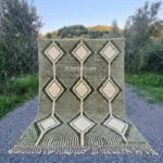 Green Rug, Moroccan Beni Ourain Carpet, Handmade Wool Tufted Diamond Floor Mat, Modern Sage & Forest Decor, Bohemian Living Room Art