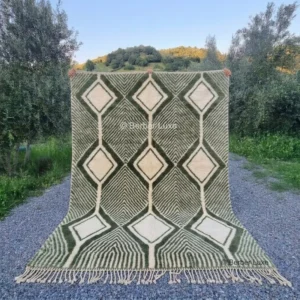 Green Rug, Moroccan Beni Ourain Carpet, Handmade Wool Tufted Diamond Floor Mat, Modern Sage & Forest Decor, Bohemian Living Room Art