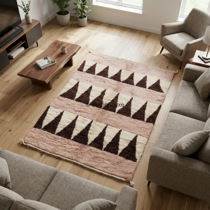 Beni Ourain Geometric Area Rug, Pink Cream Brown Moroccan Rug
