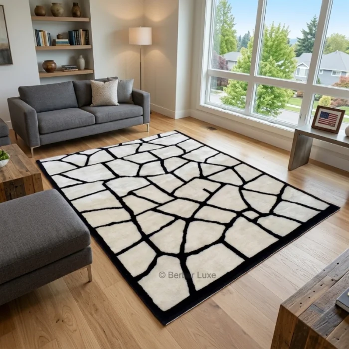 Beni Ourain Wool Rug, Cream Black Geometric Moroccan Area Rug