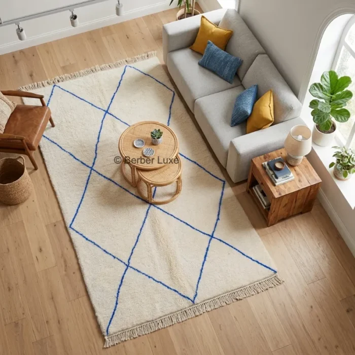 Moroccan Rug, Cream Blue Geometric Area Rug with Fringed Edges