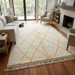 Moroccan Rug, Cream Orange Geometric Area Rug with Fringed Edges