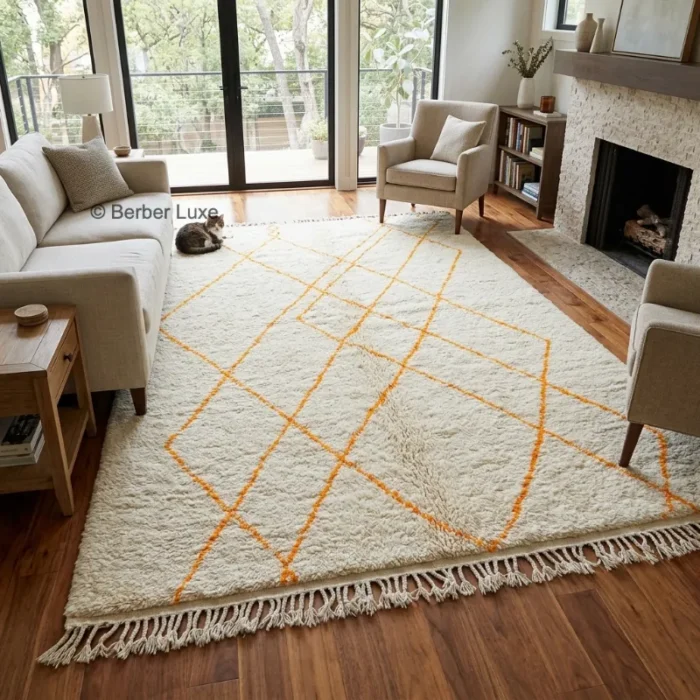 Moroccan Rug, Cream Orange Geometric Area Rug with Fringed Edges