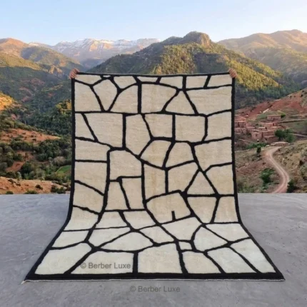 Beni Ourain Wool Rug, Cream Black Geometric Moroccan Area Rug