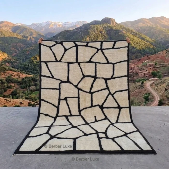 Beni Ourain Wool Rug, Cream Black Geometric Moroccan Area Rug