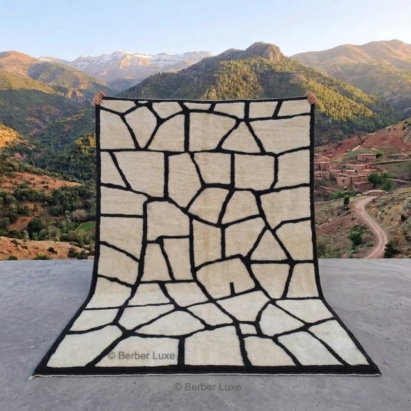 Beni Ourain Wool Rug, Cream Black Geometric Moroccan Area Rug