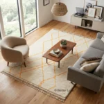 Moroccan Rug, Cream Orange Geometric Area Rug with Fringed Edges