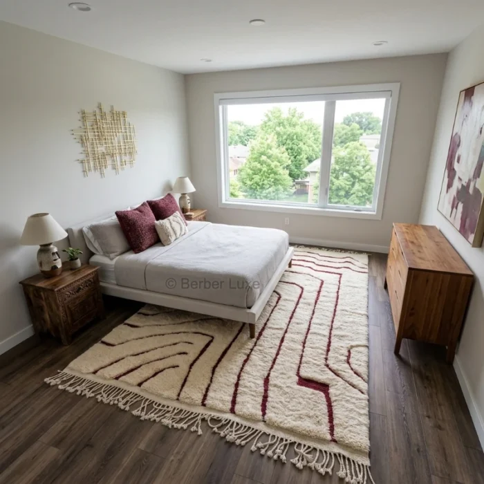 Cream Rug, Abstract Geometric Area Rug, Burgundy Line Pattern