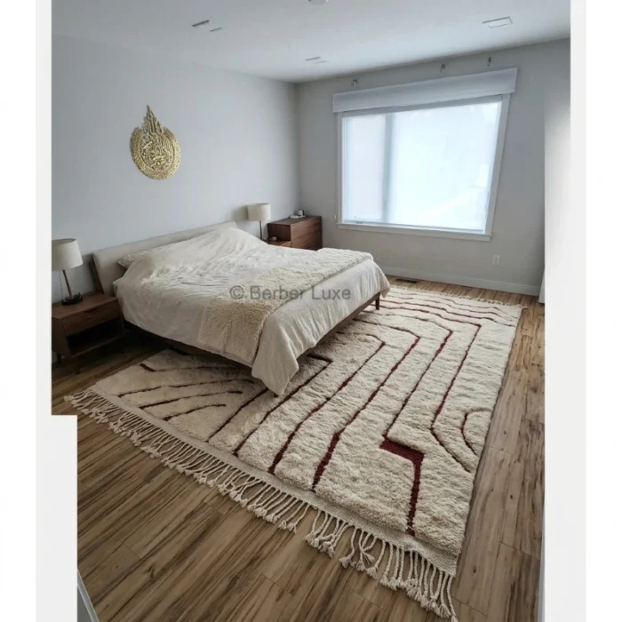Cream Rug, Abstract Geometric Area Rug, Burgundy Line Pattern