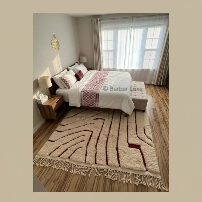 Cream Rug, Abstract Geometric Area Rug, Burgundy Line Pattern