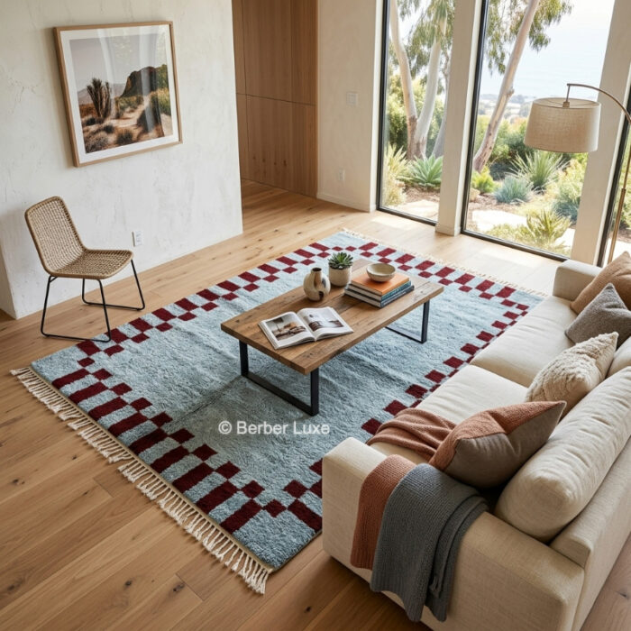 Moroccan Rug, Handmade Wool Rug, Beni Ourain, Blue Living Room Decor, Custom Size Area Rug