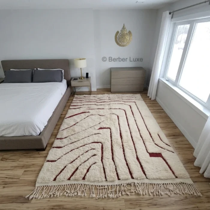 Cream Rug, Abstract Geometric Area Rug, Burgundy Line Pattern