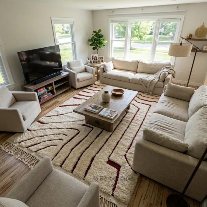 Cream Rug, Abstract Geometric Area Rug, Burgundy Line Pattern