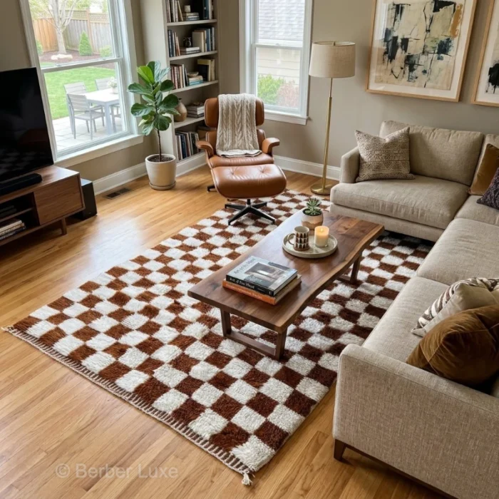 Checkered Rug, Brown and Ivory Checkerboard Area Rug for Living Room, Cozy Geometric Home Decor