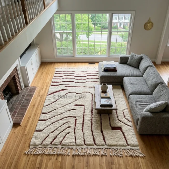 Cream Rug, Abstract Geometric Area Rug, Burgundy Line Pattern