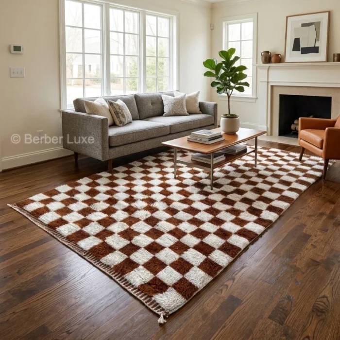Checkered Rug, Brown and Ivory Checkerboard Area Rug for Living Room, Cozy Geometric Home Decor