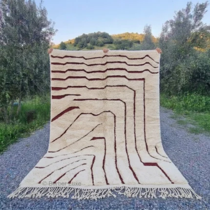 Cream Rug, Abstract Geometric Area Rug, Burgundy Line Pattern