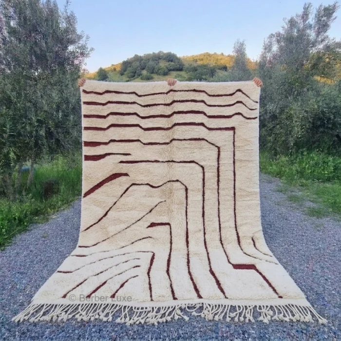 Cream Rug, Abstract Geometric Area Rug, Burgundy Line Pattern