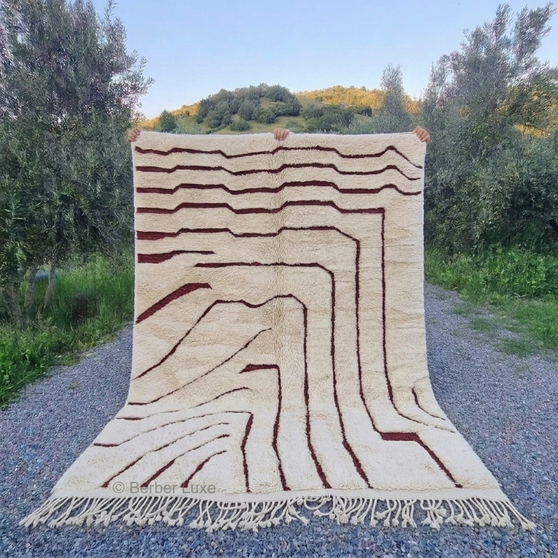 Cream Rug, Abstract Geometric Area Rug, Burgundy Line Pattern