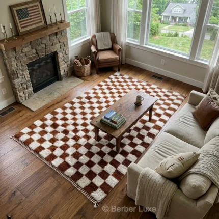 Checkered Rug, Brown and Ivory Checkerboard Area Rug for Living Room, Cozy Geometric Home Decor