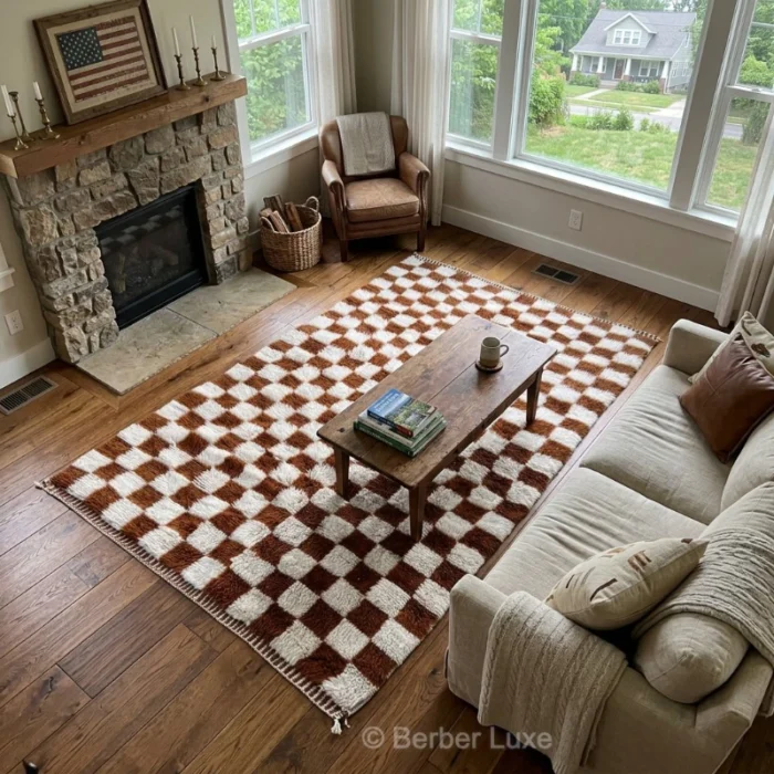 Checkered Rug, Brown and Ivory Checkerboard Area Rug for Living Room, Cozy Geometric Home Decor