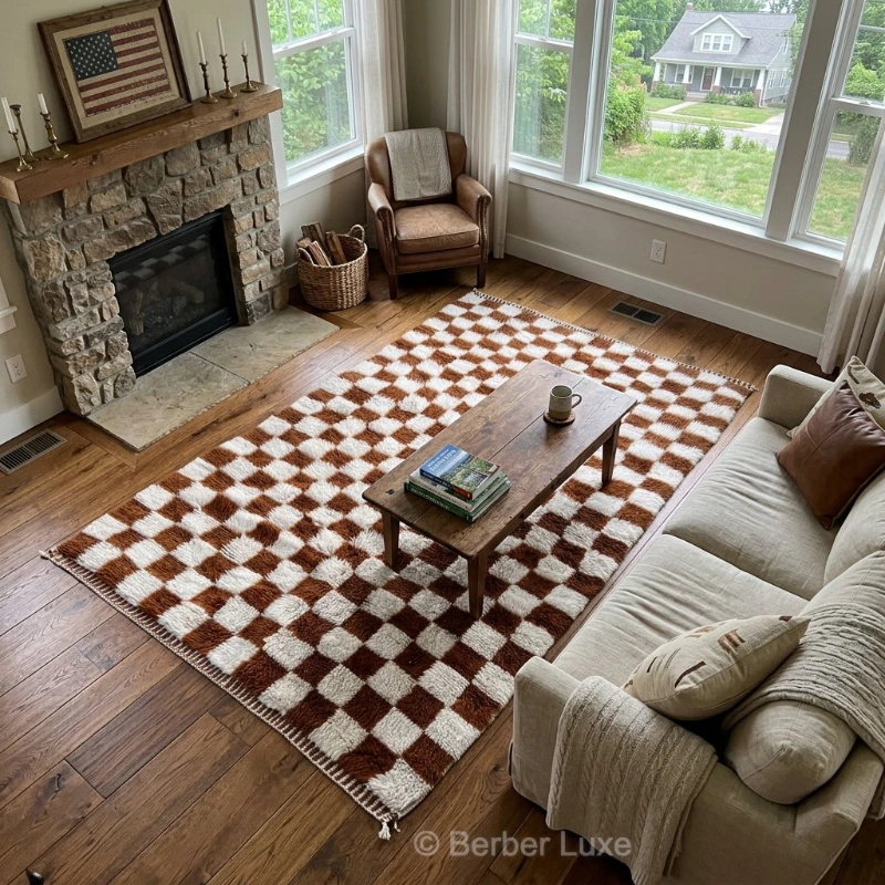 Checkered Rug, Brown and Ivory Checkerboard Area Rug for Living Room, Cozy Geometric Home Decor